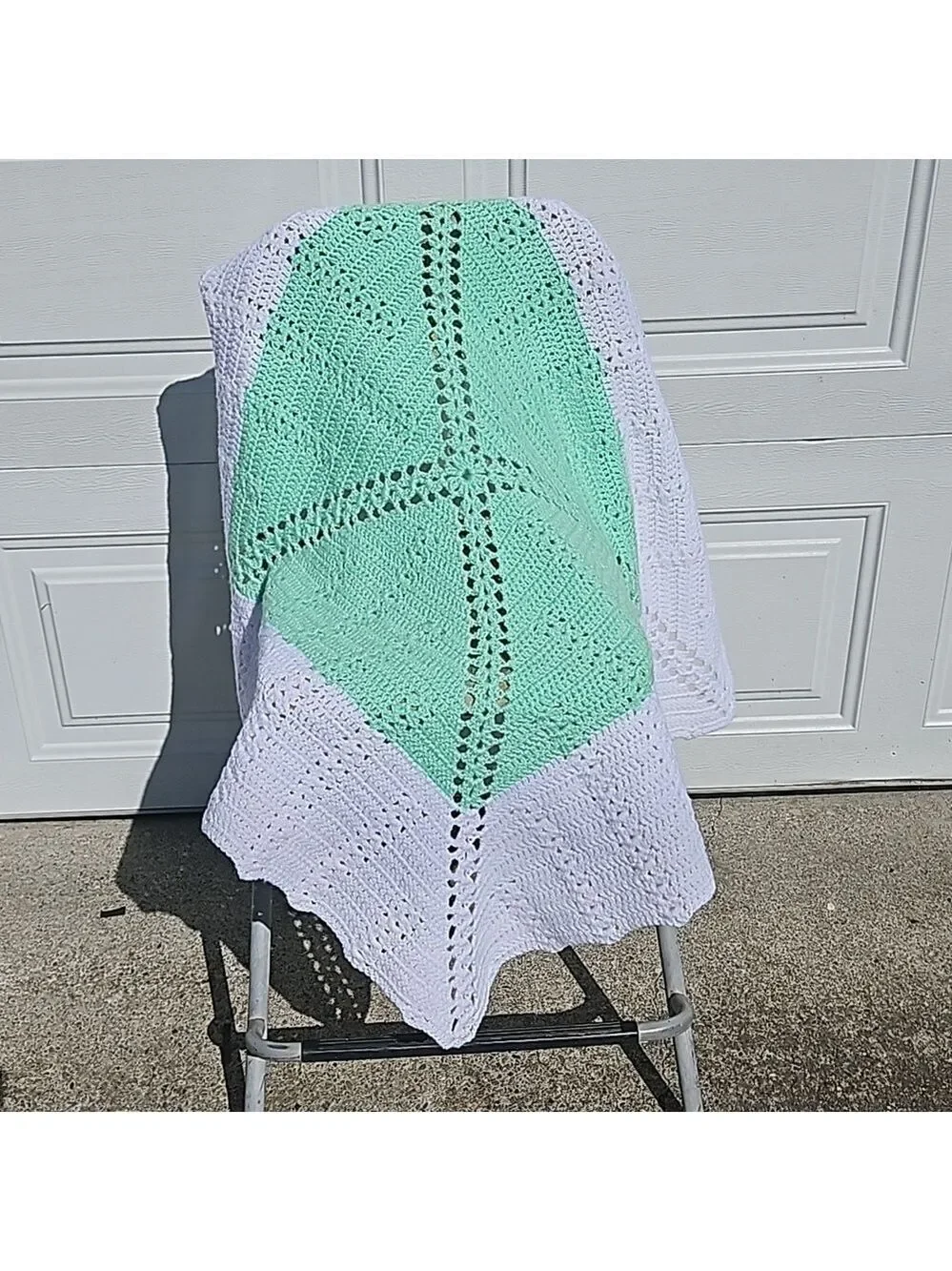 Handmade White Aqua Glitter Crochet Blanket Hand knit Grannycore Home Gifts 34